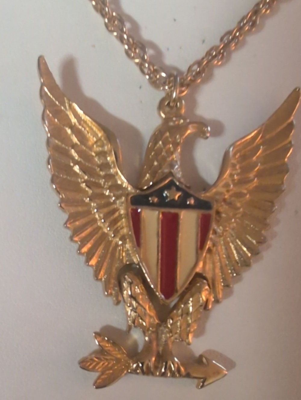 Articulated Gold-Tone Eagle Pendant Necklace with Red & Cream Enamel Shield - Picture 2 of 4
